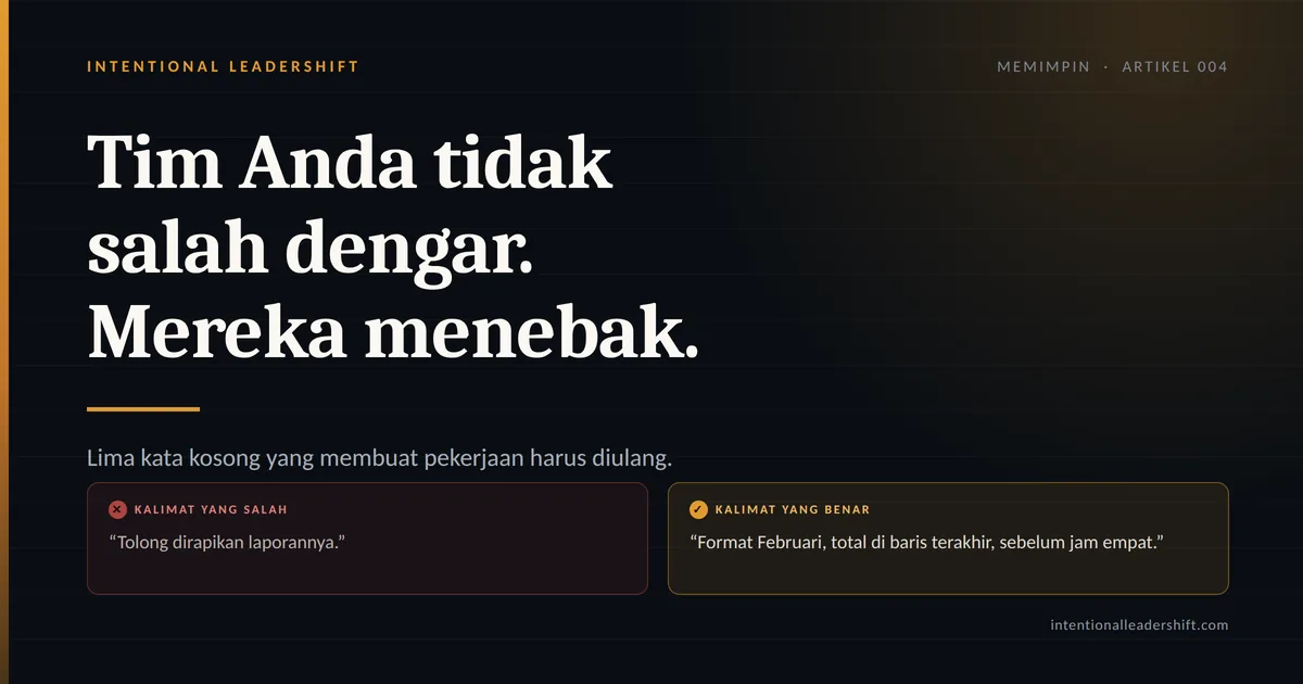 Kartu kalimat: tim Anda tidak salah dengar, mereka menebak. Kalimat yang salah: &ldquo;Tolong dirapikan laporannya.&rdquo; Kalimat yang benar: &ldquo;Format Februari, total di baris terakhir, sebelum jam empat.&rdquo;