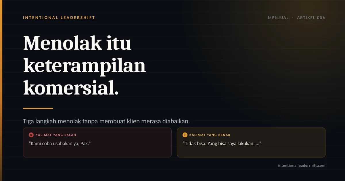 Kartu kalimat: menolak itu keterampilan komersial. Kalimat yang salah: &ldquo;Kami coba usahakan ya, Pak.&rdquo; Kalimat yang benar: &ldquo;Tidak bisa. Yang bisa saya lakukan: &hellip;&rdquo;