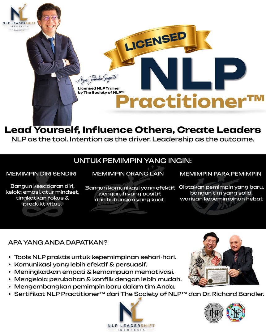 Flyer program pelatihan Licensed NLP Practitioner™ bersama Agus Jatmika Soegiarto